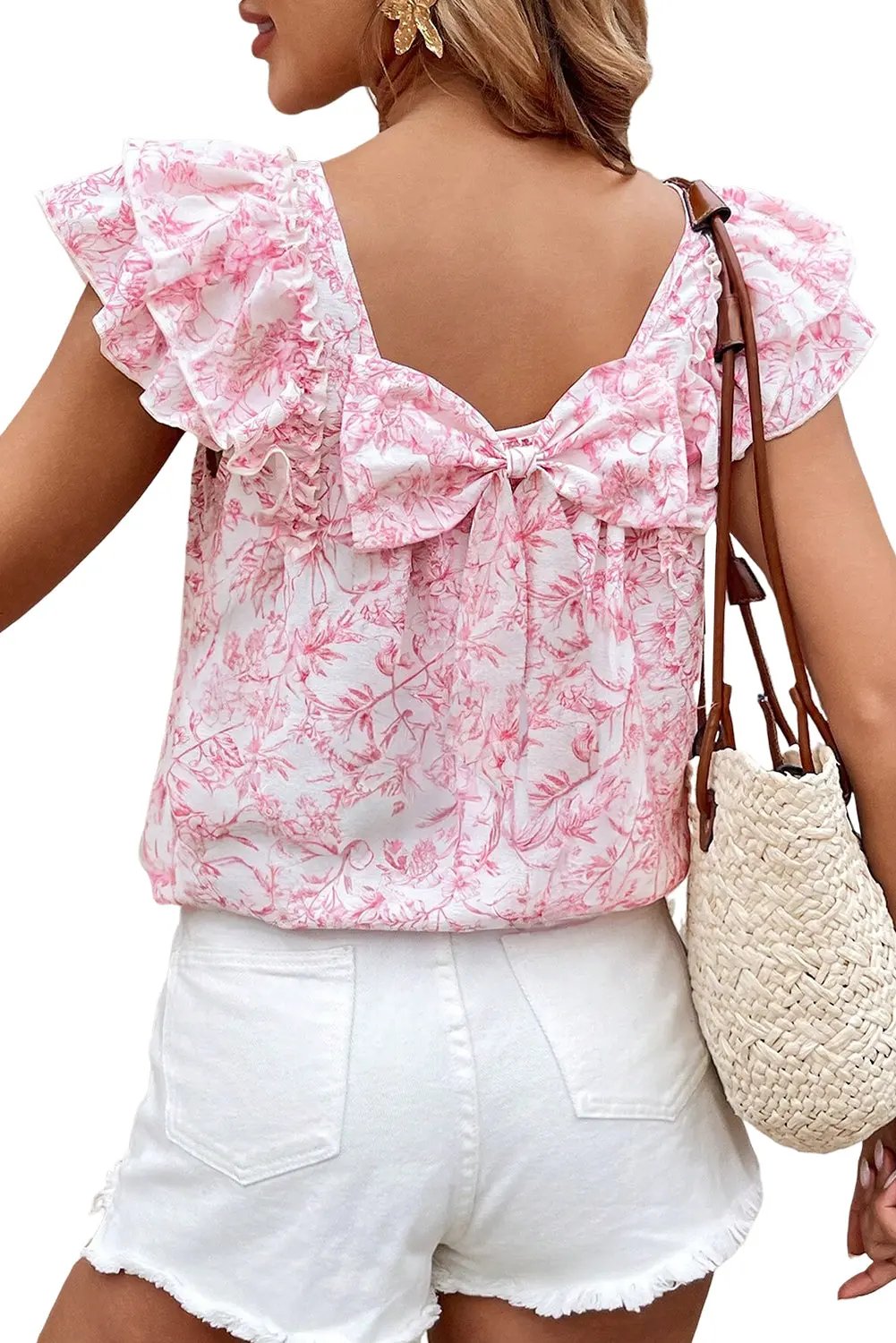 Pink Floral Ruffled Short Sleeve Bow Back Square Neck Blouse Love Salve